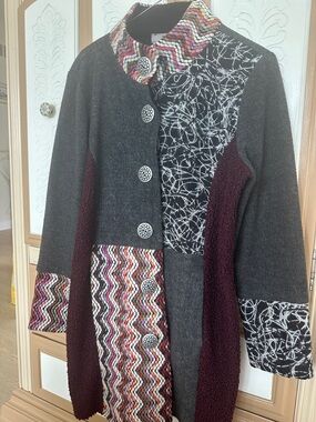 Womens Mixed-Texture Patchwork Coat in Charcoal & Burgundy